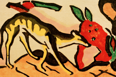 Vooraanzicht van Franz marc fabeltier. De volledige gedrukte compositie is te zien zonder het schuine productaanzicht of de detailopname van het geloppervlak.