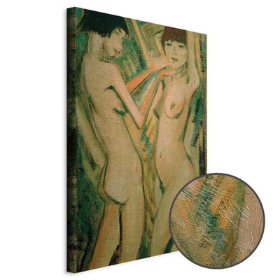 Schuin productaanzicht van Otto mueller two girls. Het motief loopt door over de randen van het canvas. Een ronde detailopname toont het reliëf van het geloppervlak.