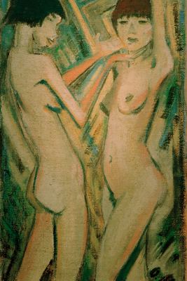 Vooraanzicht van Otto mueller two girls. De volledige gedrukte compositie is te zien zonder het schuine productaanzicht of de detailopname van het geloppervlak.