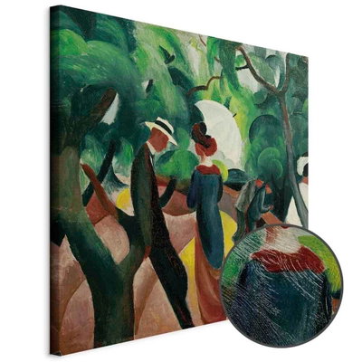 Schuin productaanzicht van August macke promenade. Het motief loopt door over de randen van het canvas. Een ronde detailopname toont het reliëf van het geloppervlak.