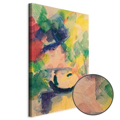 Schuin productaanzicht van August macke couple in the. Het motief loopt door over de randen van het canvas. Een ronde detailopname toont het reliëf van het geloppervlak.