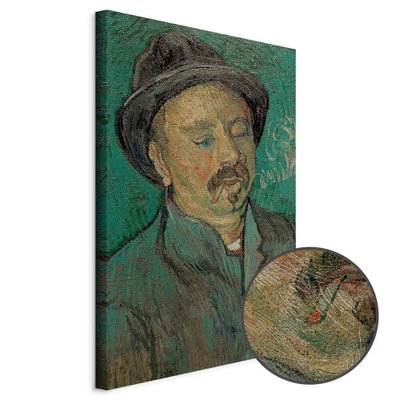 Schuin productaanzicht van Vincent van gogh portrait of. Het motief loopt door over de randen van het canvas. Een ronde detailopname toont het reliëf van het geloppervlak.