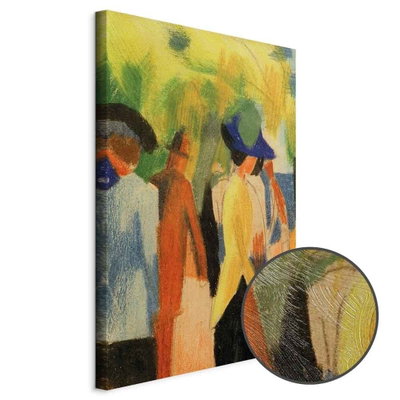 Schuin productaanzicht van August macke walker under. Het motief loopt door over de randen van het canvas. Een ronde detailopname toont het reliëf van het geloppervlak.