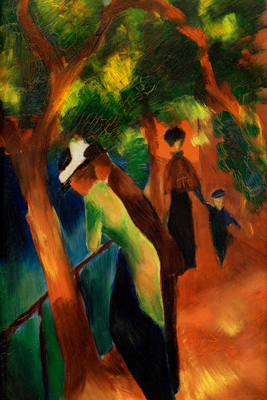 Vooraanzicht van August macke sunny path. De volledige gedrukte compositie is te zien zonder het schuine productaanzicht of de detailopname van het geloppervlak.