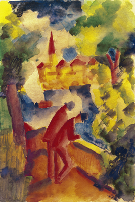 Vooraanzicht van August macke men on the road. De volledige gedrukte compositie is te zien zonder het schuine productaanzicht of de detailopname van het geloppervlak.