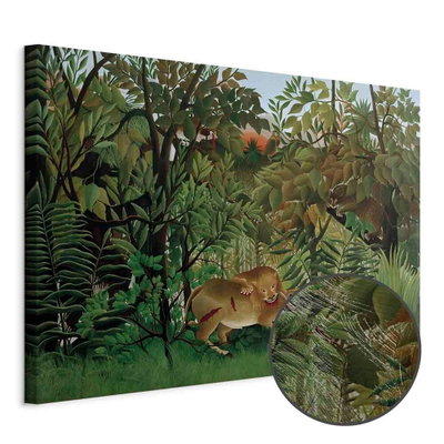 Schuin productaanzicht van Henri rousseau le lion ayant. Het motief loopt door over de randen van het canvas. Een ronde detailopname toont het reliëf van het geloppervlak.