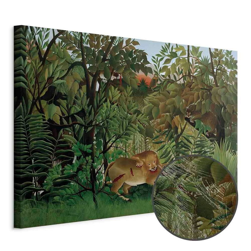 Produktvy av Henri rousseau le lion ayant. En rund detaljförstoring visar den strukturerade gelytan.