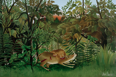 Vooraanzicht van Henri rousseau le lion ayant. De volledige gedrukte compositie is te zien zonder het schuine productaanzicht of de detailopname van het geloppervlak.