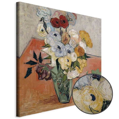 Schuin productaanzicht van Vincent van gogh stilllife. Het motief loopt door over de randen van het canvas. Een ronde detailopname toont het reliëf van het geloppervlak.