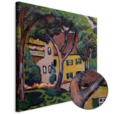 Schuin productaanzicht van August macke staudacherhaus. Het motief loopt door over de randen van het canvas. Een ronde detailopname toont het reliëf van het geloppervlak.