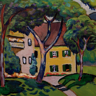 Vooraanzicht van August macke staudacherhaus. De volledige gedrukte compositie is te zien zonder het schuine productaanzicht of de detailopname van het geloppervlak.