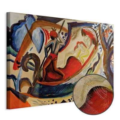 Schuin productaanzicht van August macke nackte mädchen. Het motief loopt door over de randen van het canvas. Een ronde detailopname toont het reliëf van het geloppervlak.