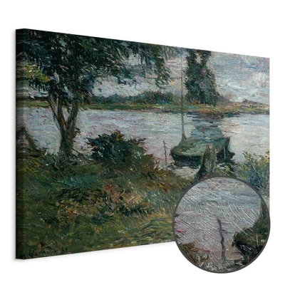 Schuin productaanzicht van Paul gauguin flu ufer. Het motief loopt door over de randen van het canvas. Een ronde detailopname toont het reliëf van het geloppervlak.