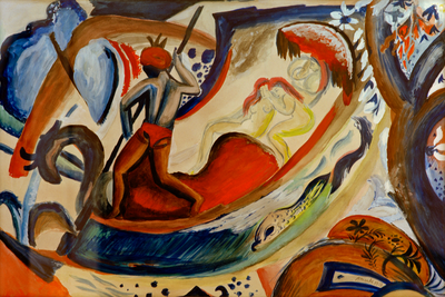 Vooraanzicht van August macke nackte mädchen. De volledige gedrukte compositie is te zien zonder het schuine productaanzicht of de detailopname van het geloppervlak.