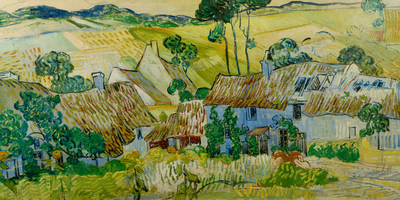Vooraanzicht van Vincent van gogh farms near. De volledige gedrukte compositie is te zien zonder het schuine productaanzicht of de detailopname van het geloppervlak.