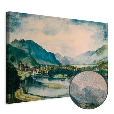 Schuin productaanzicht van Albrecht d rer view of. Het motief loopt door over de randen van het canvas. Een ronde detailopname toont het reliëf van het geloppervlak.