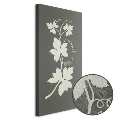 Schuin productaanzicht van Philipp otto runge hop plant. Het motief loopt door over de randen van het canvas. Een ronde detailopname toont het reliëf van het geloppervlak.