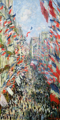 Vooraanzicht van Claude monet the rue. De volledige gedrukte compositie is te zien zonder het schuine productaanzicht of de detailopname van het geloppervlak.