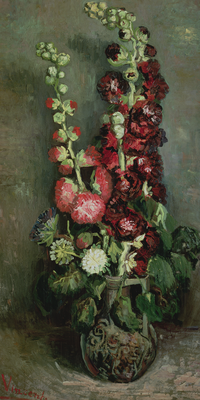 Vooraanzicht van Vincent van gogh vase of. De volledige gedrukte compositie is te zien zonder het schuine productaanzicht of de detailopname van het geloppervlak.