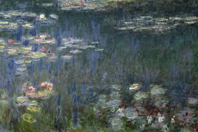 Vooraanzicht van Claude monet waterlilies. De volledige gedrukte compositie is te zien zonder het schuine productaanzicht of de detailopname van het geloppervlak.