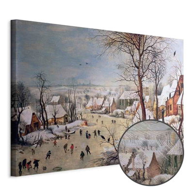 Schuin productaanzicht van Pieter bruegel the elder. Het motief loopt door over de randen van het canvas. Een ronde detailopname toont het reliëf van het geloppervlak.