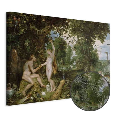 Schuin productaanzicht van Peter paul rubens the garden. Het motief loopt door over de randen van het canvas. Een ronde detailopname toont het reliëf van het geloppervlak.