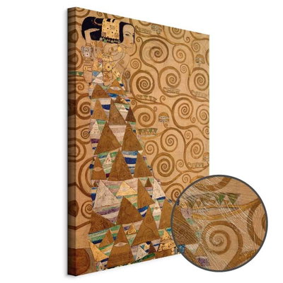 Schuin productaanzicht van Gustav klimt expectation. Het motief loopt door over de randen van het canvas. Een ronde detailopname toont het reliëf van het geloppervlak.