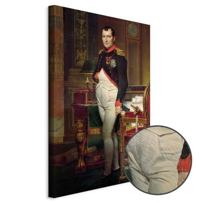 Schuin productaanzicht van Jacques-louis david napoleon. Het motief loopt door over de randen van het canvas. Een ronde detailopname toont het reliëf van het geloppervlak.
