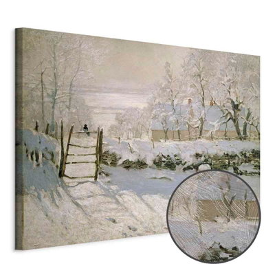 Schuin productaanzicht van Claude monet the magpie. Het motief loopt door over de randen van het canvas. Een ronde detailopname toont het reliëf van het geloppervlak.