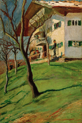 Vooraanzicht van August macke unser häuschen. De volledige gedrukte compositie is te zien zonder het schuine productaanzicht of de detailopname van het geloppervlak.