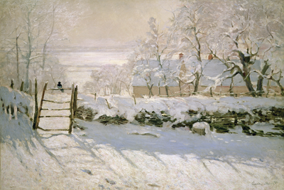 Vooraanzicht van Claude monet the magpie. De volledige gedrukte compositie is te zien zonder het schuine productaanzicht of de detailopname van het geloppervlak.