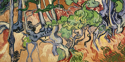 Vooraanzicht van Vincent van gogh tree roots. De volledige gedrukte compositie is te zien zonder het schuine productaanzicht of de detailopname van het geloppervlak.