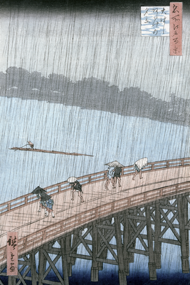 Vooraanzicht van Utagawa hiroshige sudden. De volledige gedrukte compositie is te zien zonder het schuine productaanzicht of de detailopname van het geloppervlak.