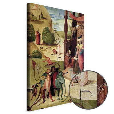 Schuin productaanzicht van Hieronymus bosch st james. Het motief loopt door over de randen van het canvas. Een ronde detailopname toont het reliëf van het geloppervlak.