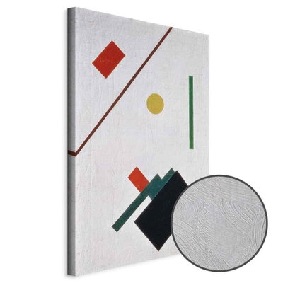 Schuin productaanzicht van Kazimir malevich suprematist. Het motief loopt door over de randen van het canvas. Een ronde detailopname toont het reliëf van het geloppervlak.