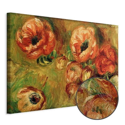 Schuin productaanzicht van Pierre-auguste renoir les an. Het motief loopt door over de randen van het canvas. Een ronde detailopname toont het reliëf van het geloppervlak.