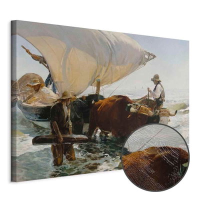 Schuin productaanzicht van Joaqu n sorolla y bastida. Het motief loopt door over de randen van het canvas. Een ronde detailopname toont het reliëf van het geloppervlak.