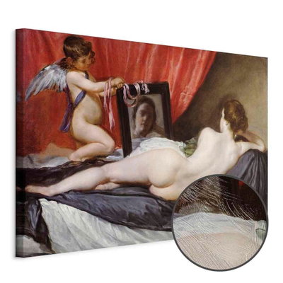 Schuin productaanzicht van Diego vel zquez the rokeby. Het motief loopt door over de randen van het canvas. Een ronde detailopname toont het reliëf van het geloppervlak.
