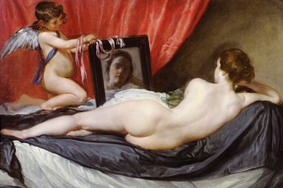 Vooraanzicht van Diego vel zquez the rokeby. De volledige gedrukte compositie is te zien zonder het schuine productaanzicht of de detailopname van het geloppervlak.