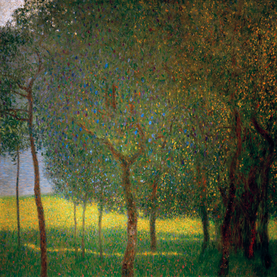 Vooraanzicht van Gustav klimt fruit trees on. De volledige gedrukte compositie is te zien zonder het schuine productaanzicht of de detailopname van het geloppervlak.