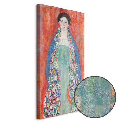 Schuin productaanzicht van Gustav klimt portrait of. Het motief loopt door over de randen van het canvas. Een ronde detailopname toont het reliëf van het geloppervlak.