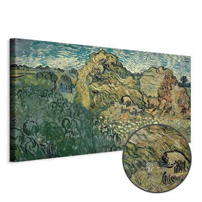 Schuin productaanzicht van Vincent van gogh field with. Het motief loopt door over de randen van het canvas. Een ronde detailopname toont het reliëf van het geloppervlak.