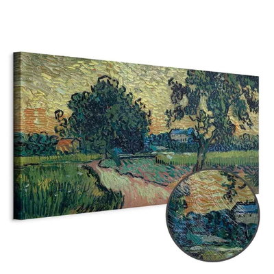 Schuin productaanzicht van Vincent van gogh landscape. Het motief loopt door over de randen van het canvas. Een ronde detailopname toont het reliëf van het geloppervlak.