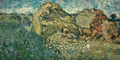 Vooraanzicht van Vincent van gogh field with. De volledige gedrukte compositie is te zien zonder het schuine productaanzicht of de detailopname van het geloppervlak.