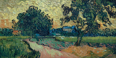 Vooraanzicht van Vincent van gogh landscape. De volledige gedrukte compositie is te zien zonder het schuine productaanzicht of de detailopname van het geloppervlak.