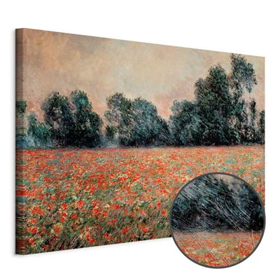Schuin productaanzicht van Claude monet field with wild. Het motief loopt door over de randen van het canvas. Een ronde detailopname toont het reliëf van het geloppervlak.