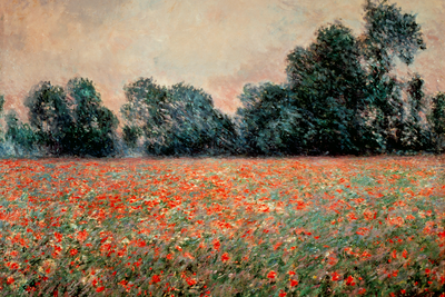 Vooraanzicht van Claude monet field with wild. De volledige gedrukte compositie is te zien zonder het schuine productaanzicht of de detailopname van het geloppervlak.