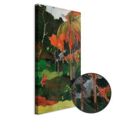 Schuin productaanzicht van Paul gauguin mahana maa i. Het motief loopt door over de randen van het canvas. Een ronde detailopname toont het reliëf van het geloppervlak.