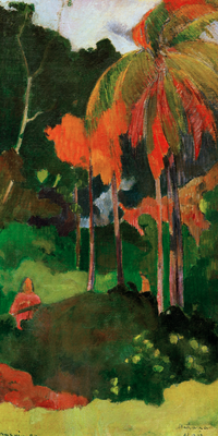 Vooraanzicht van Paul gauguin mahana maa i. De volledige gedrukte compositie is te zien zonder het schuine productaanzicht of de detailopname van het geloppervlak.