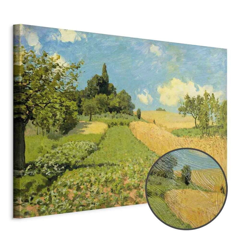 Produktvy av Alfred sisley grain fields. En rund detaljförstoring visar den strukturerade gelytan.